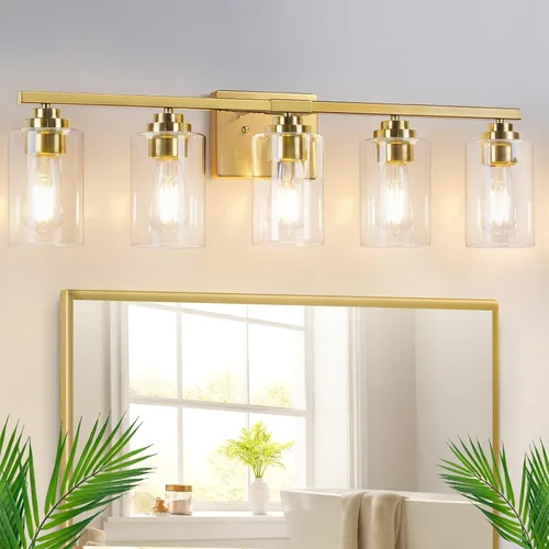 Miniatura 28 de Lámparas de baño de 3 luces, 19 pulgadas, modernas luces de tocador sobre espejo con pantallas de vidrio transparente, accesorio de luz marrón