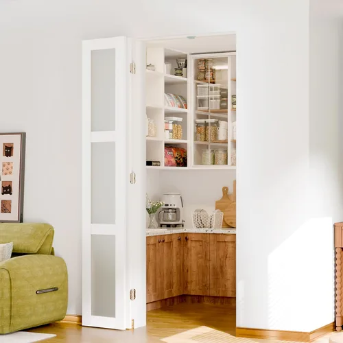 Miniatura 2 de Puerta plegable de 180 grados, para aberturas de 30 ″ x 80 ″, puerta plegable esmerilada blanca 3-Lite con bisagras, juego de herrajes para puertas