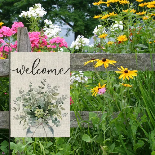 Miniatura 7 de Bandera floral de bienvenida de verano para jardín, primavera y verano, hojas de eucalipto, bandera grande de doble cara, flores de temporada