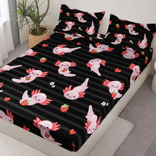 Miniatura 4 de HOSIMA Juego de ropa de cama de 3 piezas para niños, color negro, tamaño individual, sábana bajera ajustable de ajolote de dibujos animados, vida