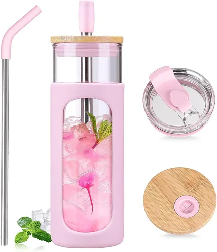 Miniatura 13 de Kodrine Vaso para agua de vidrio de 20 onzas con popote y tapa, botella de agua con tapas de bambú, taza para café helado, reutilizable, boca ancha