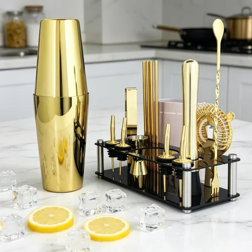 Miniatura 4 de Juego profesional de coctelera con soporte y recetas de cócteles, kit de 15 piezas de 750/600ml para barman, juego de utensilios de bar, juego de Oro