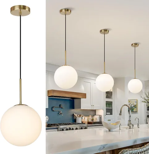 lámpara colgante de globo de 10" de vidrio lechoso, candelabro colgante vintage de mediados de siglo para comedor, dormitorio, iluminación de isla
