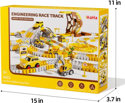 Miniatura 8 de iHaHa 299 piezas de pistas de carreras de construcción para niños, 6 piezas de autos de ingeniería y pista de carreras flexible crea un camino