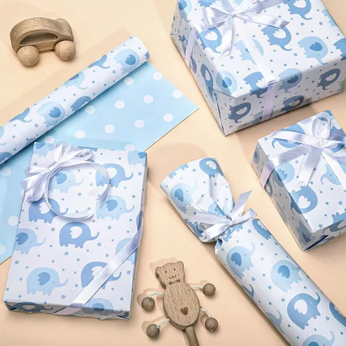 Miniatura 5 de woric Rollo de papel de regalo reversible para baby shower, de 17 pulgadas x 33 pies, papel de regalo para bebé niño con diseño de elefante azul