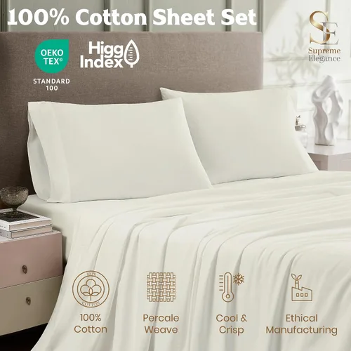 Miniatura 3 de SUPREME ELEGANCE Juego de sábanas de cama individual 100% algodón - Blanco ártico, ropa de cama de percal de 3 piezas, sábanas transpirables frescas