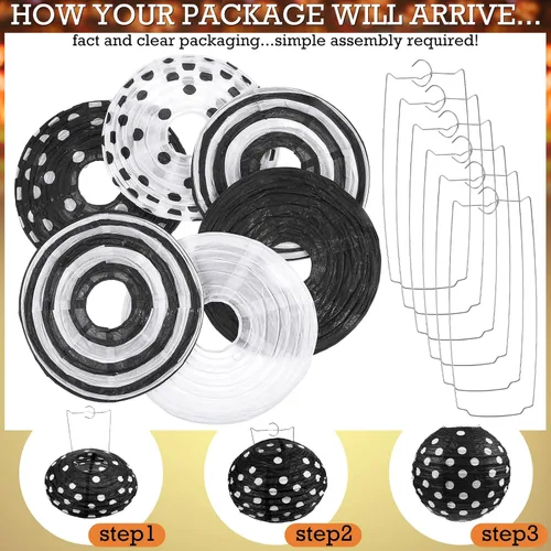 Miniatura 3 de Treela Paquete de 6 linternas de papel en blanco y negro de 8 pulgadas redondas con patrones de lunares a rayas para regreso a clases, aula, fiesta