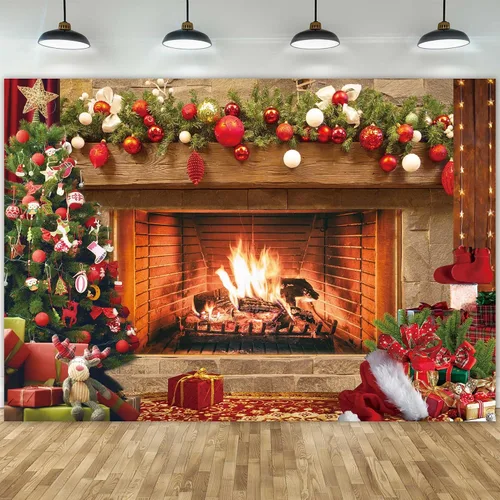 Miniatura 2 de Telón de fondo de tela de poliéster de 7 x 5 pies con diseño de chimenea de Navidad vintage, calcetín de árbol de Navidad, para fotografía