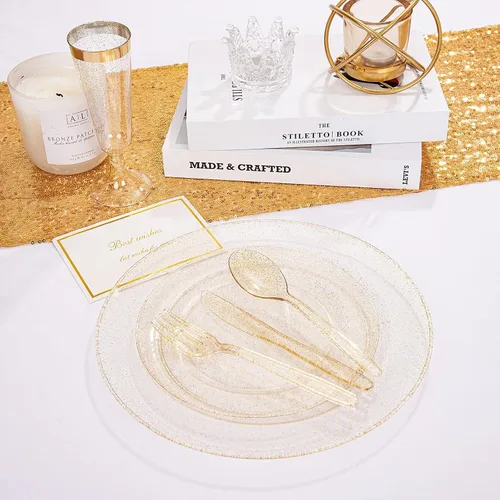 Miniatura 6 de WDF Cubiertos de plástico dorado 360, cubiertos desechables con purpurina dorada, cubiertos de plástico con 120 tenedores, 120 cucharas, 120