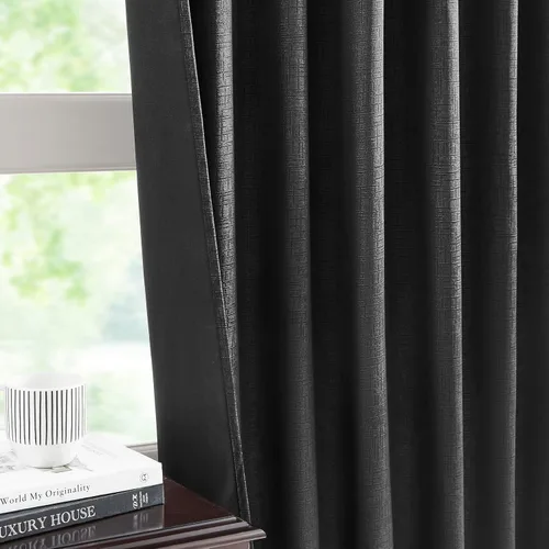 Miniatura 4 de Bujasso Cortinas de jacquard negras con bolsillo para barra, pestaña trasera y lazos de lujo, cortinas aisladas térmicamente para oscurecer