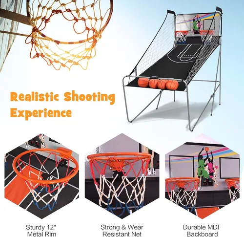 Miniatura 5 de Goplus Juego de Arcade de Baloncesto Plegable de Doble Tiro, Juego de Aro de Baloncesto con Puntuación Electrónica, 8 Modos de Juego, 4 Pelotas