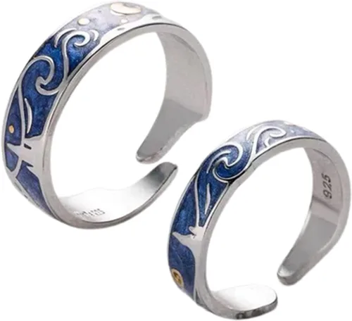 2 anillos de estilo vintage Van Gogh cielo estrellado pareja noche estrellada Van Gogh anillos abiertos para mujeres niñas vintage plata ajustable