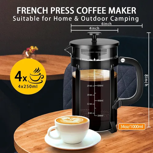 Miniatura 4 de YMMIND - Cafetera de prensa francesa de acero inoxidable 304, con sistema de filtración de 4 filtros, vidrio de borosilicato grueso resistente al