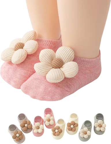 VWU Calcetines para bebé con agarres, para bebés, niñas y niños, corte bajo, antideslizantes, de algodón, lindas, flores, 0-24 meses