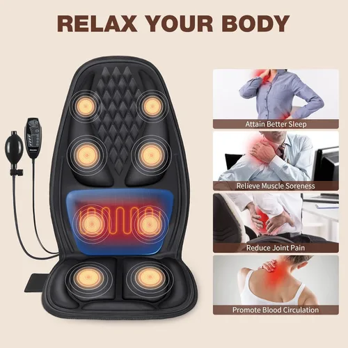Miniatura 6 de Masajeador de espalda con calor con 8 motores, almohadilla para silla de masaje, masajeador de asiento con tracción trasera para masaje de cuerpo