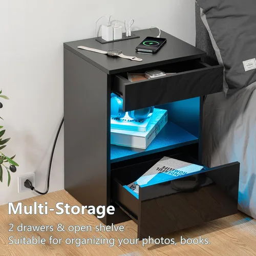 Miniatura 4 de HOMMPA Mesita de noche LED con estante abierto con estación de carga, 2 cajones, mesita de noche negra con almacenamiento, mesitas de noche