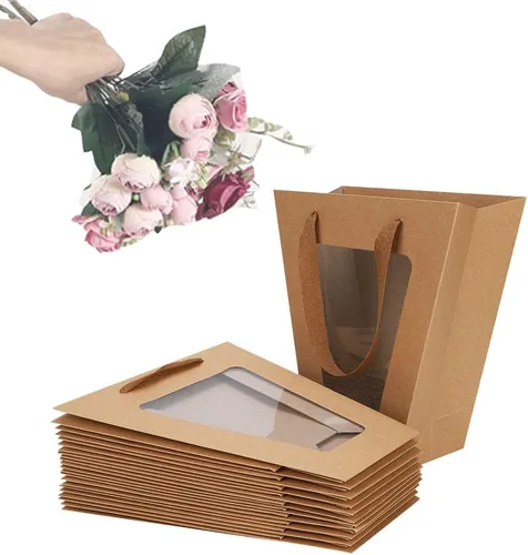 Paquete de 10 bolsas de regalo con asas y ventana transparente, bolsas de papel kraft trapezoidales, bolsas de envoltura de ramo de flores, bolsas