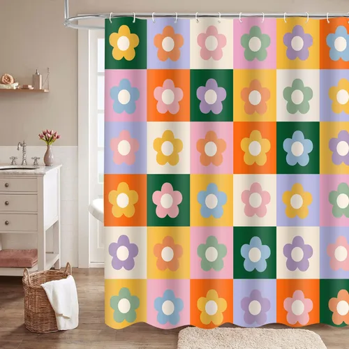 Miniatura 16 de Retro Flower Checkered Shower Curtain Black White Vintage Floral Plaid Fabric Shower Curtians 72x72Inch Washable Groovy Aesthetic Modern Hippie Boho