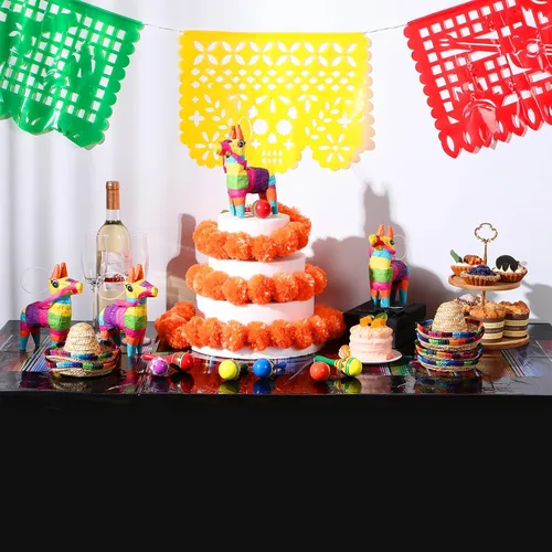 Miniatura 5 de Hosuly Mantel de plástico para fiesta mexicana, 6 unidades, 54 x 108 pulgadas, mantel de plástico a rayas para decoración de fiesta mexicana