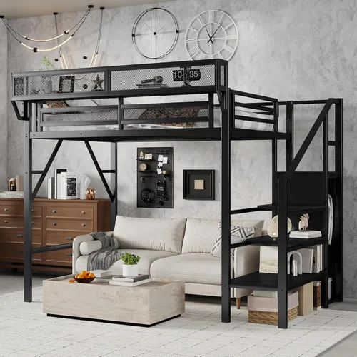 KEIKI Base de cama de metal tamaño individual con escalera convertible, estantes de almacenamiento integrados y armario, cama alta con listones