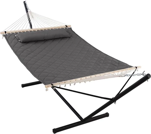 Miniatura 19 de ANOW Hamaca doble con combo de soporte de acero resistente de 12 pies, hamaca acolchada para 2 personas con soporte para exterior, capacidad