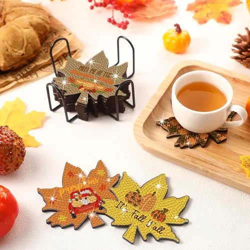 Miniatura 6 de 12 posavasos de arte de diamantes de otoño, calabaza, hoja de arce, Acción de Gracias, bricolaje, pintura con soporte, kit de bricolaje