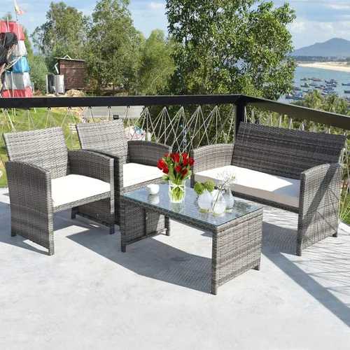 Miniatura 2 de Tangkula Juego de 4 piezas de mimbre para patio, sofás de ratán al aire libre con juego de mesa, juego de muebles de patio con cojines suaves y mesa
