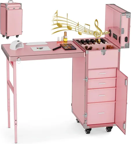 Miniatura 10 de Icoget Mesa de manicura portátil con ruedas para enseñanza de uñas, escritorio plegable de viaje con almacenamiento, mesa de manicura móvil