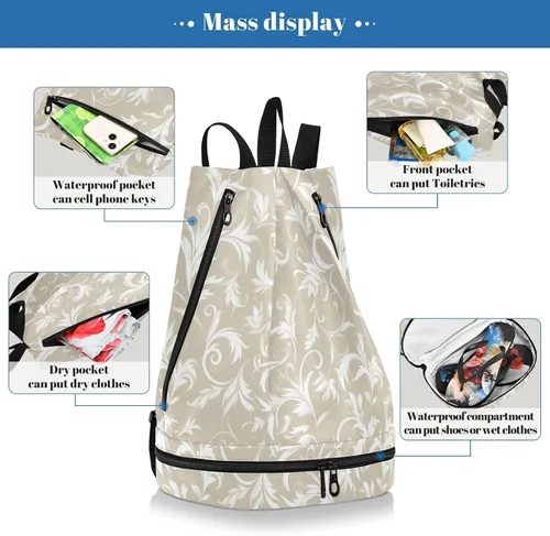 Miniatura 4 de KLL Beige White Elegant Floral Swirls Drawstring soccer bags beach Swimming bag for gym with Wet Dry Compartments bolso para laptop mujer