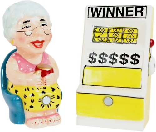 Ebros Gift Casino Jackpot Ganador Máquina Tragamonedas Y Abuela Juego Reina Salero Y Pimentero Cerámica Estatuilla Magnética Set Cocina Comedor Mesa