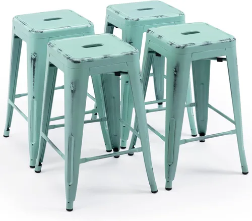 Miniatura 25 de Vogue Furniture Direct 24" Taburetes de bar de metal sin respaldo negros para interiores/exteriores, altura para encimera con asiento cuadrado