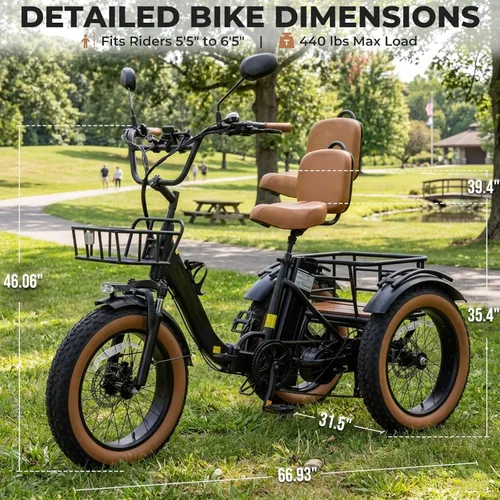 Miniatura 2 de Electric Tricycle for Adults 750W(Peak 1350W) 48V15.6Ah Etrike 20"x4" Fat Tire Electric Trike 3-Wheel Aluminum Alloy Folding Electric Tricycle Max