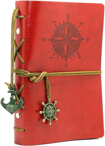 Diario con tapas de cuero estilo retro, en blanco, con cuerda náutica, Rojo 7 pulgadas