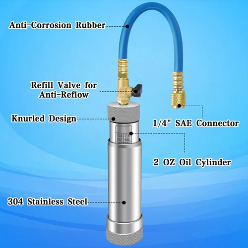 Miniatura 7 de Inyector de aceite de CA para R1234yf R134a R410a, Inyector de tinte de CA con válvula de cierre, Inyector de tinte 1234yf con función de prevención