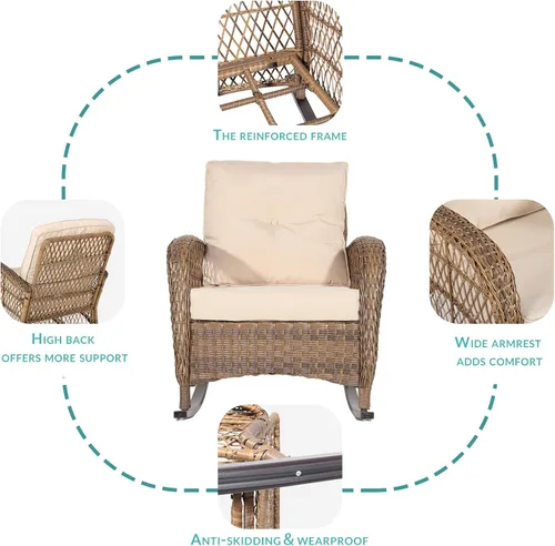 Miniatura 4 de MEETWARM Mecedora de mimbre para exteriores, sillas mecedoras de ratán para patio con cojines y respaldo alto, silla de mimbre para patio para todo