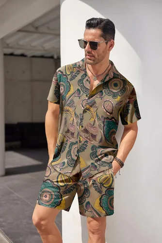 Miniatura 3 de COOFANDY Conjunto de camisa hawaiana y pantalón corto para hombre, traje de playa de 2 piezas con sombreros de pescador