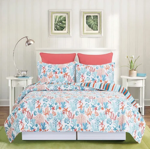 Miniatura 4 de C&F Home Tangerine Coast - Juego de edredón reversible de algodón con rayas tropicales costeras, naranja y azul, lavable a máquina, juego de 2