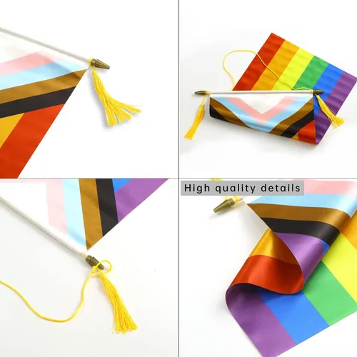 Miniatura 4 de CANTENDO Paquete de 2 banderas de pared con diseño de arco iris del progreso del orgullo progresivo, bandera colgante gay LGBTQ con poste colgante