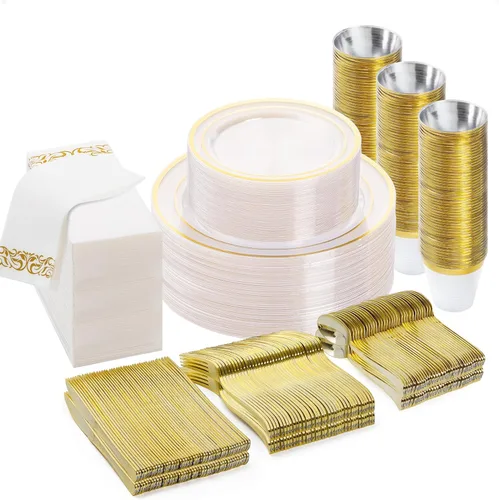 BESTVIP Juego de vajilla desechable de 350 piezas de oro transparente para 50 invitados, platos de plástico para fiestas, bodas, Navidad, incluye: