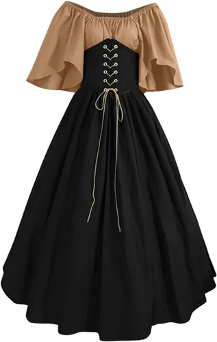 Vestido victoriano de talla grande para mujer, manga acampanada, hombros descubiertos, vestidos medievales con corsé, vestido de baile de retazos