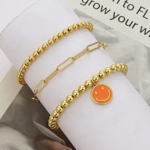 Miniatura 2 de MythDone Pulseras de cuentas de oro de 18 quilates para mujer, cadena de eslabones de clip de oro con cuentas apilables, pulseras elásticas