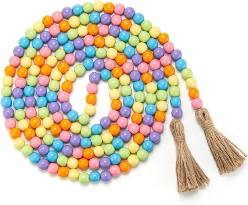 Miniatura 12 de Guirnalda de cuentas de madera con borlas, guirnalda de cuentas de madera para chimenea, estilo rústico, estilo vintage, bohemio, para fiesta