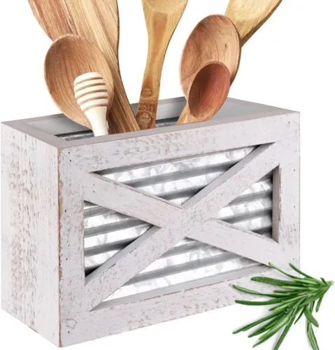 Miniatura 10 de Autumn Alley Soporte para utensilios de cocina de madera rústica para puerta de granero, detalles galvanizados, detalles de granja que añaden