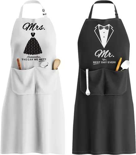 Miniatura 8 de Juego de delantales King & Queen, delantales de cocina a juego para parejas con bolsillos profundos y costuras reforzadas, equipo de cocina
