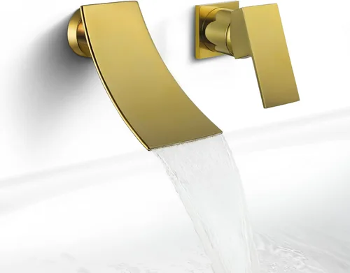Miniatura 11 de SKOWLL Grifo de fregadero de baño de montaje en pared de una sola manija, juego de grifo moderno de cascada de oro cepillado, boquilla de cascada