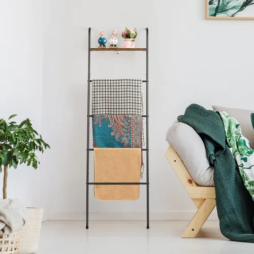 Miniatura 4 de Soporte de Escalera para Mantas para Sala de Estar Estilo Granja, Soporte Decorativo de Escalera con Estante de Almacenamiento, Perchero de Pared
