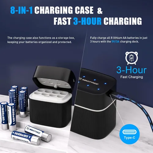 Miniatura 9 de Maxfree Paquete de 8 baterías recargables de litio AA con cargador - Cargador de doble propósito para AA Lithium y NiMH - Baterías dobles A de 1.5 V