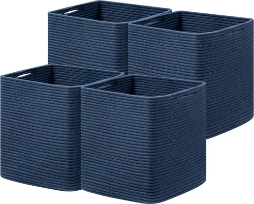 Miniatura 9 de joybest Juego de 4 cubos de almacenamiento de 11 pulgadas, canasta organizadora tejida de cuerda de algodón para estantes, cubos cuadrados, Beige