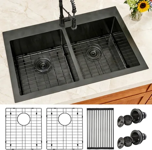 Miniatura 20 de Fregadero de Cocina de Doble Tazón 30" X 18", Fregadero de Cocina Negro de Montaje Inferior, Fregaderos Dobles de Montaje Inferior de Acero Acero