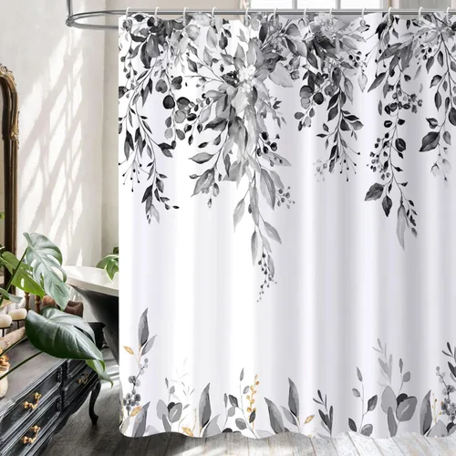 Miniatura 3 de Cortina de ducha de hojas de eucalipto en blanco y negro, hojas de acuarela negras y doradas, cortina de baño con plantas botánicas, tela